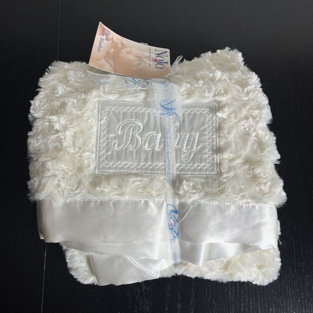 NWT NOJO Baby Blanket Ivory/Cream Colored w/White Satin Trim Binding Embroidered